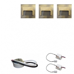 Zestaw 3 x oprawa schodowa ontario mosiądz ciepła + zasilacz LED 12V DC+ 2 czujniki 230V