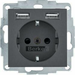 HAGER POLO Berker B.Kwadrat gniazdo schuko + 2x USB ładowania 2,4A antracyt aksamit 48031606