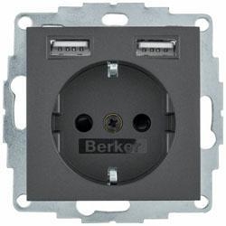 HAGER POLO  Berker Q.1/Q.3/Q.7 gniazdo z/u Schuko z ładowarką USB Q.1/Q.3/Q.7, antracyt aksamit 48036086