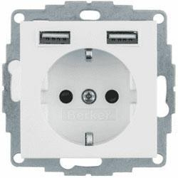 HAGER POLO Berker B.Kwadrat gniazdo schuko + 2x USB ładowania 2,4A biały połysk 48038989