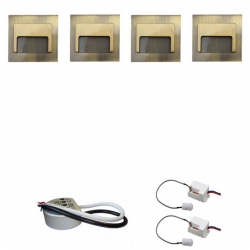 Zestaw 4 x oprawa schodowa ontario mosiądz zimna + zasilacz LED 12V DC+ 2 czujniki ruchu 230V