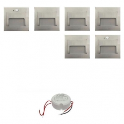 Zestaw 4 x oprawa schodowa ONTARIO + 2 oprawy z czujnikiem ruchu PIR satyna zimna biała +zasilacz 20W 12V DC