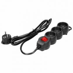 Orno Przedłużacz 3-krotny 2P+Z, z wyłącznikiem, 3m H05VV-F 3x1,5mm2, Imax=16A, płaska wtyczka, czarny