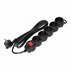 Orno Przedłużacz 5-krotny 2P+Z, z wyłącznikiem, 3m H05VV-F 3x1,5mm2, Imax=16A, płaska wtyczka, czarny