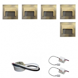 Zestaw 5 x oprawa schodowa ontario mosiądz zimna + zasilacz LED 12V DC+ 2 czujniki ruchu 230V