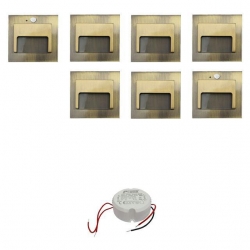 Zestaw 5 x oprawa schodowa ONTARIO + 2 oprawy z czujnikiem ruchu PIR mosiądz zimna biała +zasilacz 20W 12V DC