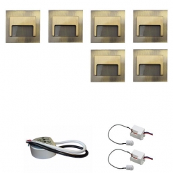 Zestaw 6 x oprawa schodowa ontario mosiądz zimna + zasilacz LED 12V DC+ 2 czujniki ruchu 230V