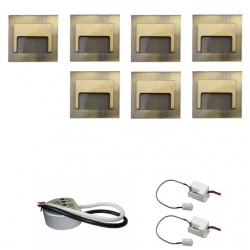 Zestaw 7 x oprawa schodowa ontario mosiądz zimna + zasilacz LED 12V DC+ 2 czujniki ruchu 230V