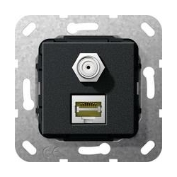 Gira MJ RJ45 kat.6A 10 GB, SAT F Przejś. Urządzenie podtynk. czarny matowy