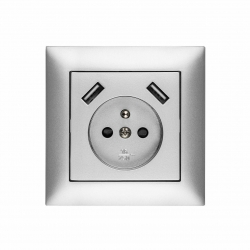 ELEKTRO-PLAST NASIELSK Sentia Gniazdo pojedyncze z/u 16A z USB 2x2,1A 5VDC z przesłonami i ramką srebrną GPT 2P+Z 2xUSB 1488-06
