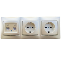 Kanlux DOMO perłowy zestaw gniazd 2x RJ45 5e, 2x gniazdo pojedyncze schuko w ramce potrójnej