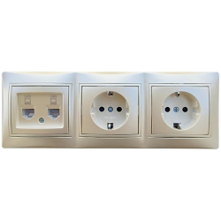 Kanlux DOMO perłowy zestaw gniazd 2x RJ45 6, 2 x gniazdo pojedyncze schuko w ramce potrójnej