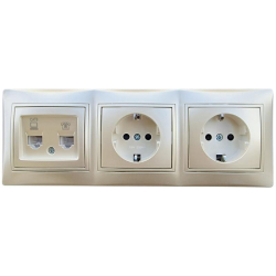 Kanlux DOMO perłowy zestaw gniazd 1x RJ45 6+RJ11, 2 x gniazdo pojedyncze schuko w ramce potrójnej
