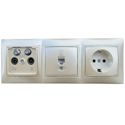 Kanlux DOMO perłowy zestaw gniazd RTV-2xSAT, 1x RJ45 6, 1x gniazdo pojedyncze schuko w ramce potrójnej