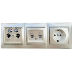 Kanlux DOMO perłowy zestaw gniazd RTV-2xSAT, 1x RJ45 6+RJ11, 1x gniazdo pojedyncze schuko w ramce potrójnej