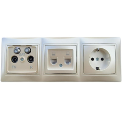 Kanlux DOMO perłowy zestaw gniazd RTV-2xSAT, 2x RJ45 5e, 1x gniazdo pojedyncze schuko w ramce potrójnej