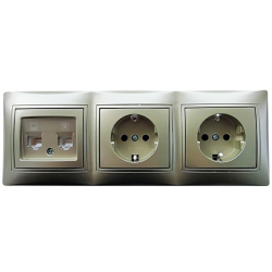 Kanlux DOMO szampański zestaw gniazd gniazdo RJ45 kat. 5e + MR11, 2x gniazdo schuko w ramce potrójnej