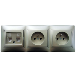 Kanlux DOMO szampański zestaw gniazd 2x RJ45 kat. 6, 2x gniazdo zu w ramce potrójnej
