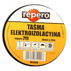 Repero taśma izolacyjna czarna 19mmx20m samogasnąca temperatura, +85 st C, napięcie 8kV, wodoodporna