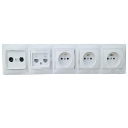 Kanlux DOMO biały zestaw gniazd za telewizor 1 x RTV końcowe, 2 x RJ45 kat 6, 3 x gniazdo wtyczkowe zu